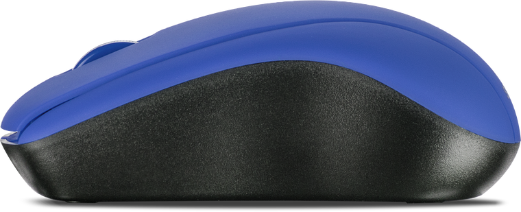 Seitliche Ansicht einer kabellosen, ergonomischen Computermaus in Blau und Schwarz