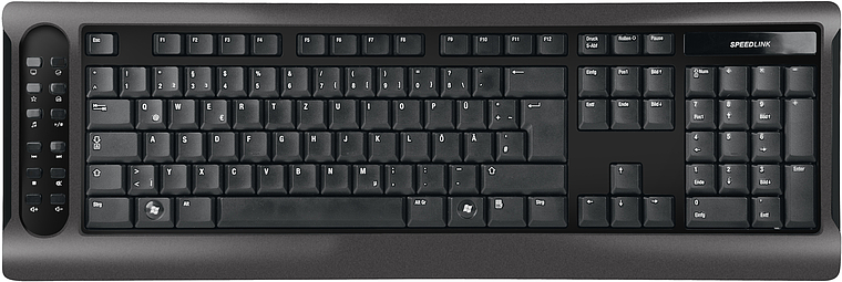 Schwarze Speedlink SL-6400 Tastatur mit deutschem QWERTZ-Layout und zusätzlichen Multimedia-Tasten auf der linken Seite