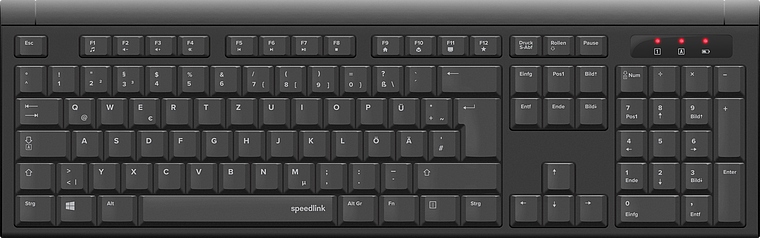 Schwarze Speedlink-Tastatur mit deutschem QWERTZ-Layout und Nummernblock, ideal für Büro und Zuhause