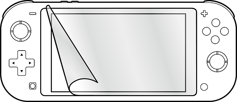 Abbildung einer tragbaren Spielkonsole mit Displayschutzfolie, die auf dem Bildschirm angebracht wird