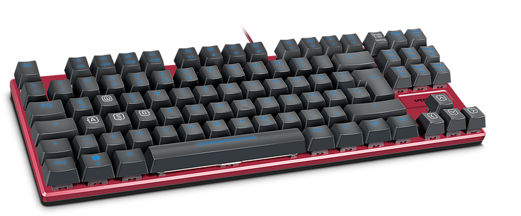 Mechanische Tastatur mit rotem Rahmen und schwarzen Tasten, seitliche Ansicht, ideal für Gaming und Büro