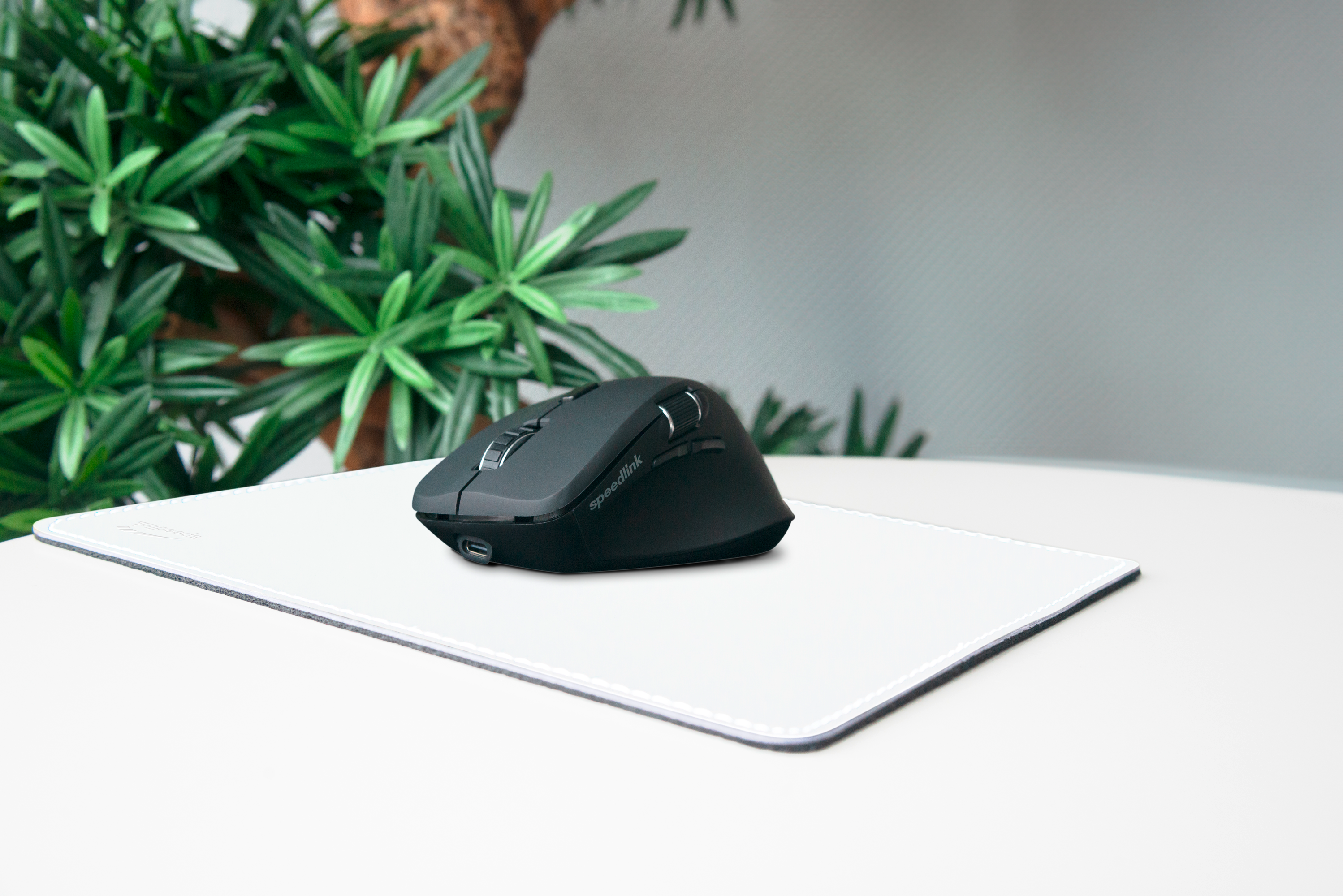 Schwarze kabellose Speedlink Maus steht auf einem weißen Mauspad vor grünen Pflanzen