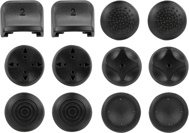 Schwarzes Zubehör-Set mit Ersatzkappen für Analog-Sticks und Trigger-Tasten eines Playstation-Controllers in unterschiedlichen Strukturen und Formen