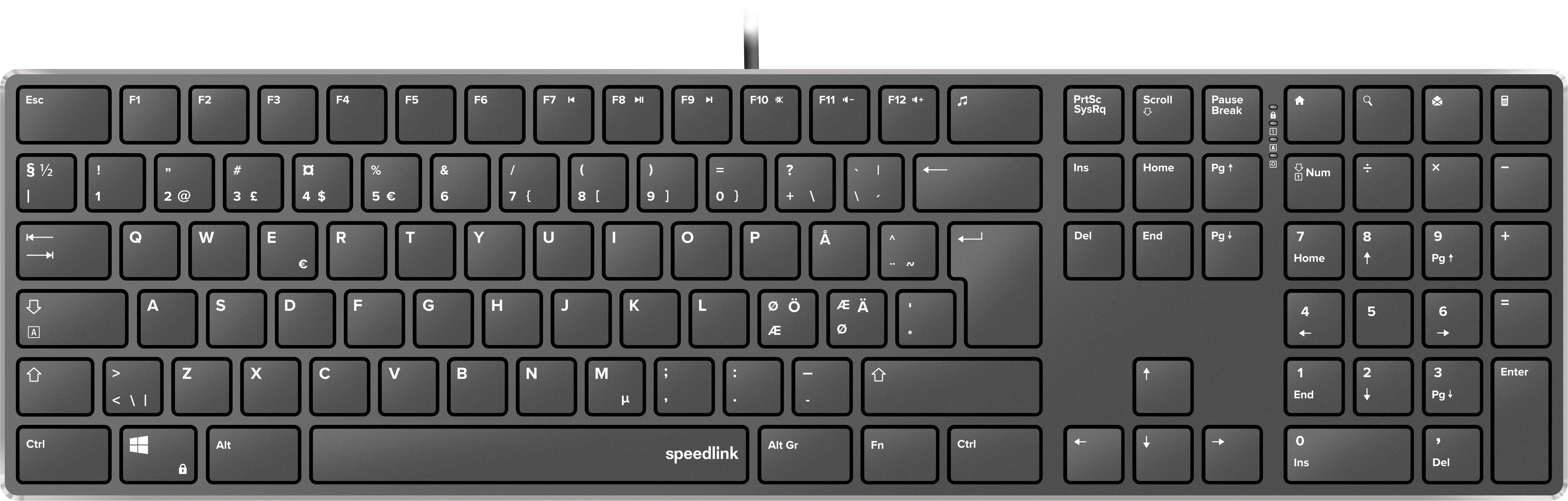 Abbildung einer schwarzen Speedlink Tastatur mit deutschem QWERTZ-Layout und vollständigem Zahlenblock