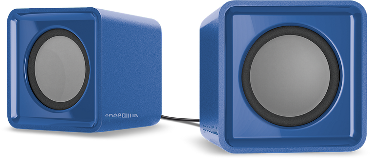 Zwei blaue, würfelförmige USB-Lautsprecher für Computer oder Laptop auf weißem Hintergrund