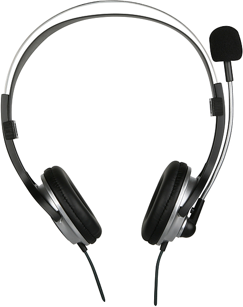 Schwarz-silbernes On-Ear-Headset mit verstellbarem Mikrofonarm und Kabelverbindung