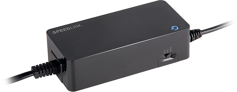 Schwarzes SPEEDLINK Universal-Laptopnetzteil mit einstellbarer Spannung und Netzkabeln