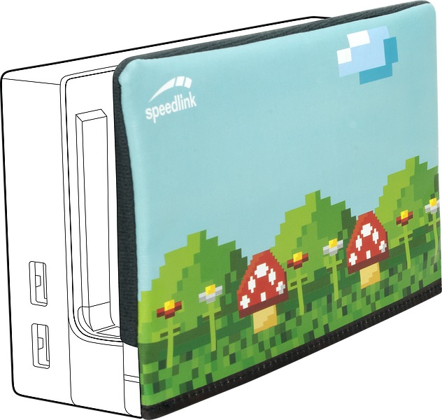 Schutzhülle von Speedlink mit buntem Pixel-Pilz- und Blumenmotiv auf einem Nintendo Switch Dock