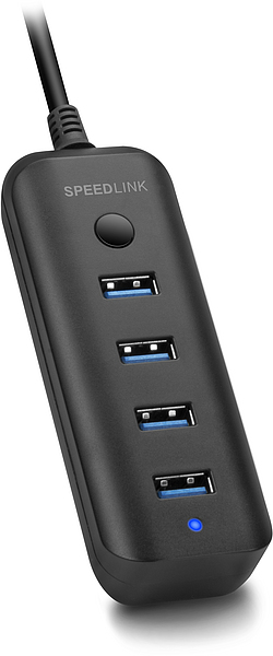 Abbildung eines schwarzen SPEEDLINK USB-Hubs mit 4 USB 3.0 Ports und blauem LED-Indikator