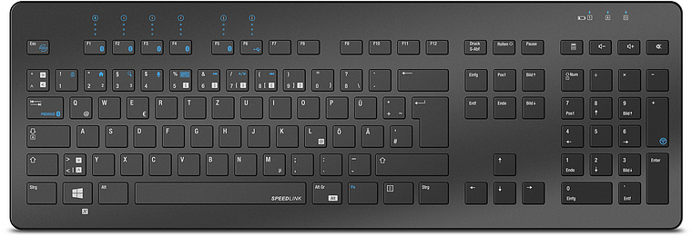 Abgebildet ist eine schwarze SPEEDLINK Tastatur mit deutschem QWERTZ-Layout und flachem Design, geeignet für PC und Büroanwendungen.