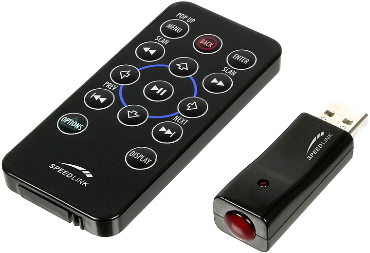 Schwarze SPEEDLINK Fernbedienung mit zahlreichen Tasten und passendem USB-Infrarotempfänger für Computer