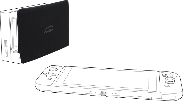 Abgebildet ist eine Schutzhülle der Marke Speedlink für das Nintendo Switch Dock sowie eine Nintendo Switch Konsole als Zeichnung.