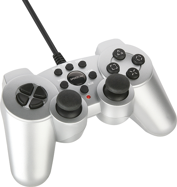 Silberner kabelgebundener Gamecontroller mit zwei Analog-Sticks, Steuerkreuz und Funktionstasten