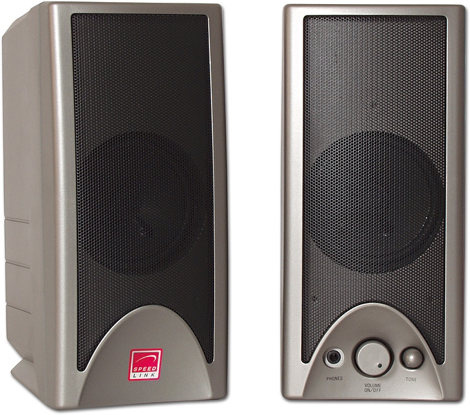 Zwei Speedlink PC-Lautsprecher in Silber mit schwarzem Lautsprechergitter und Bedienelementen, geeignet für Computer und Multimedia