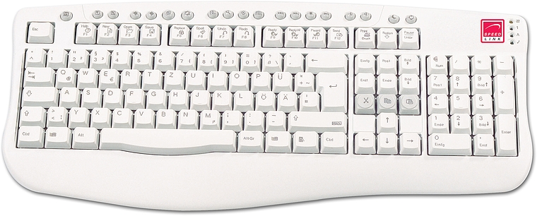 Weiße PC-Tastatur von Speedlink, deutsches QWERTZ-Layout, zusätzliche Funktionstasten oben
