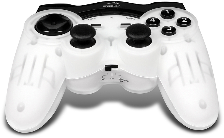Weiß-schwarzer Speedlink Controller mit Tasten und zwei Steuersticks auf weißem Hintergrund