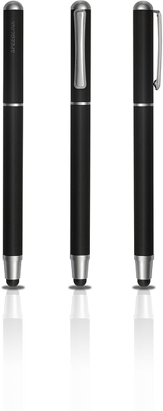 Drei Ansichten eines schwarzen Stylus-Stifts mit silbernen Akzenten und Clip für Touchscreens