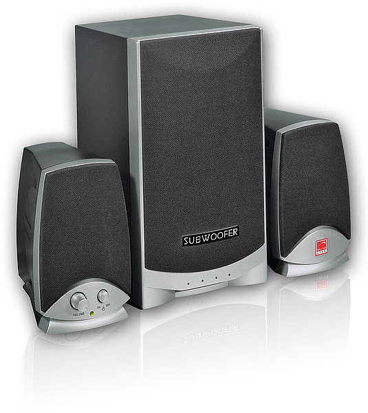 Schwarz-silbernes Lautsprecherset bestehend aus Subwoofer und zwei kompakten Satellitenlautsprechern, ideal für PC oder Heimgebrauch