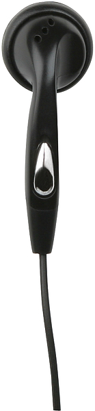 Detailansicht eines einzelnen schwarzen kabelgebundenen In-Ear-Kopfhörers