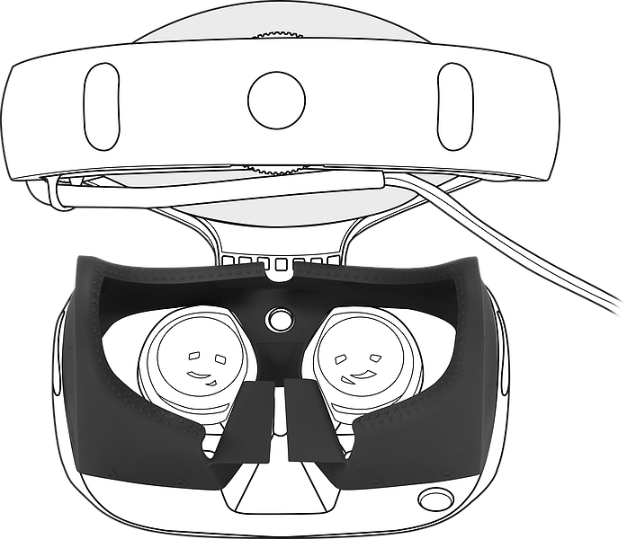 Illustration einer VR-Brille mit Kopfband und zwei Sichtlinsen aus der Draufsicht
