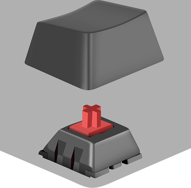 Abbildung eines mechanischen Tastaturschalters mit rotem Kreuzsteg und abgenommener Tastenkappe