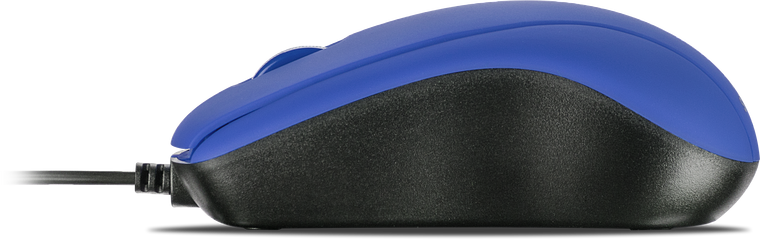 Seitliche Ansicht einer blauen und schwarzen kabelgebundenen Computermaus