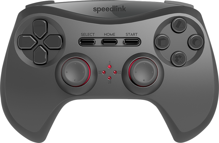 Schwarzer Speedlink Gamecontroller mit zwei Analogsticks, Steuerkreuz und Funktionstasten, geeignet für PC und Konsole