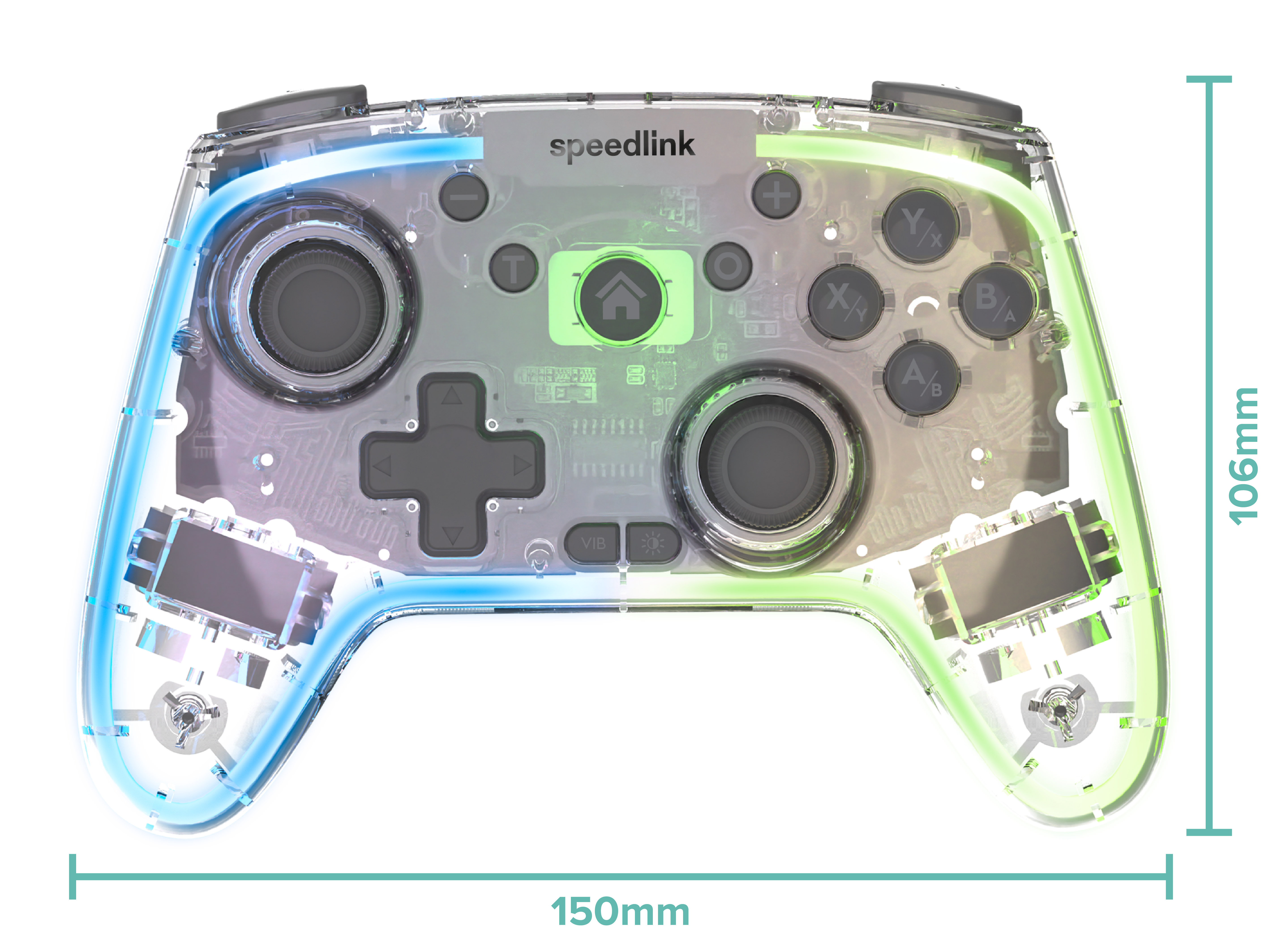 Durchsichtiger Speedlink Gaming-Controller mit farbiger LED-Beleuchtung und Maßen 150mm breit und 106mm hoch, Vorderansicht