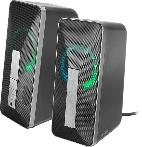 Zwei schwarze Speedlink Stereo Lautsprecher mit LED-Beleuchtung und silbernen Bedienelementen, ideal für PC und Laptop