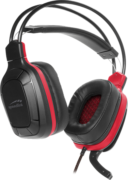 Abgebildet ist ein schwarz-rotes Speedlink Gaming-Headset mit Mikrofon und gepolstertem Bügel