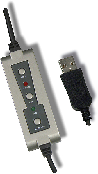 USB-Audio-Adapter mit Bedienelementen für Lautstärkeregelung, Mikrofonsteuerung und Mikrofon-Stummschaltung