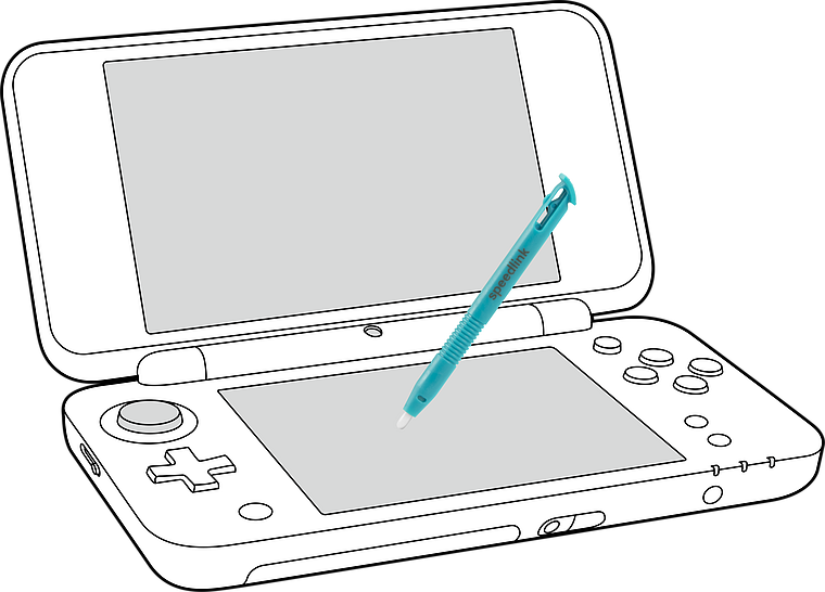 Blauer Touchpen auf Nintendo Handheld-Konsole zur einfachen Steuerung und Eingabe auf dem Touchscreen