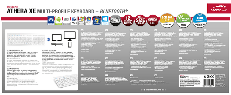 Verpackungsrückseite der SPEEDLINK Athera XE Bluetooth-Tastatur mit Produktmerkmalen wie Multi-Profile-Funktion, Gerätekompatibilität, 12 Funktionstasten, vollem Tastenlayout, Scissor-Key-Technologie und energiesparendem Modus, sowie grafischen Abbildunge