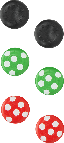 Sechs runde Spielsteine für Brettspiele in den Farben Schwarz, Grün mit weißen Punkten und Rot mit weißen Punkten