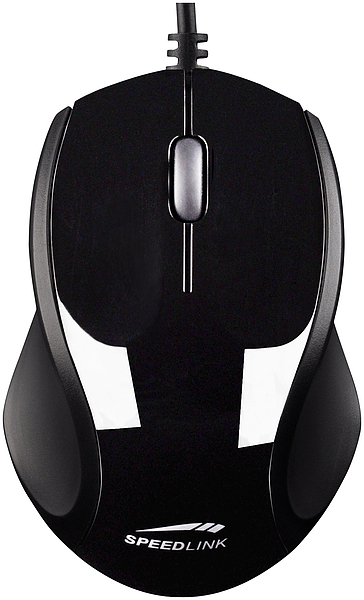 Schwarze kabelgebundene Speedlink Computer-Maus mit ergonomischer Formansicht von oben