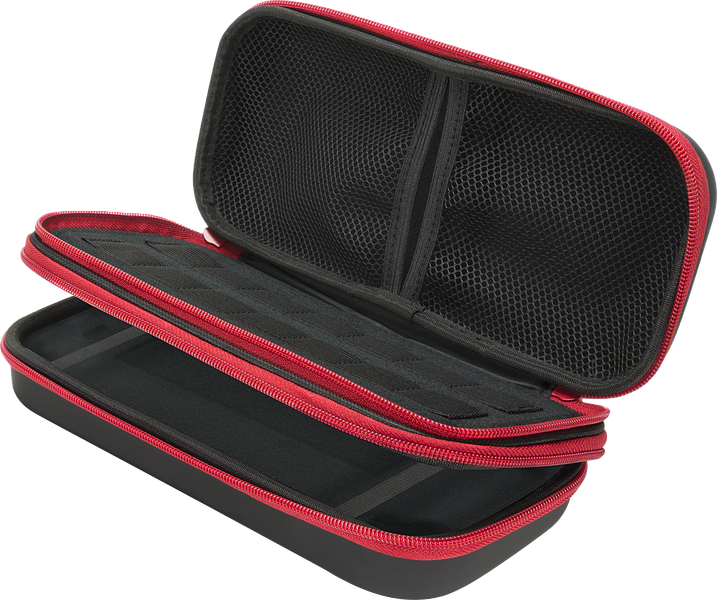 Geöffnete schwarze Aufbewahrungstasche mit rotem Reißverschluss und Netztaschen, ideal für Nintendo Switch und Zubehör