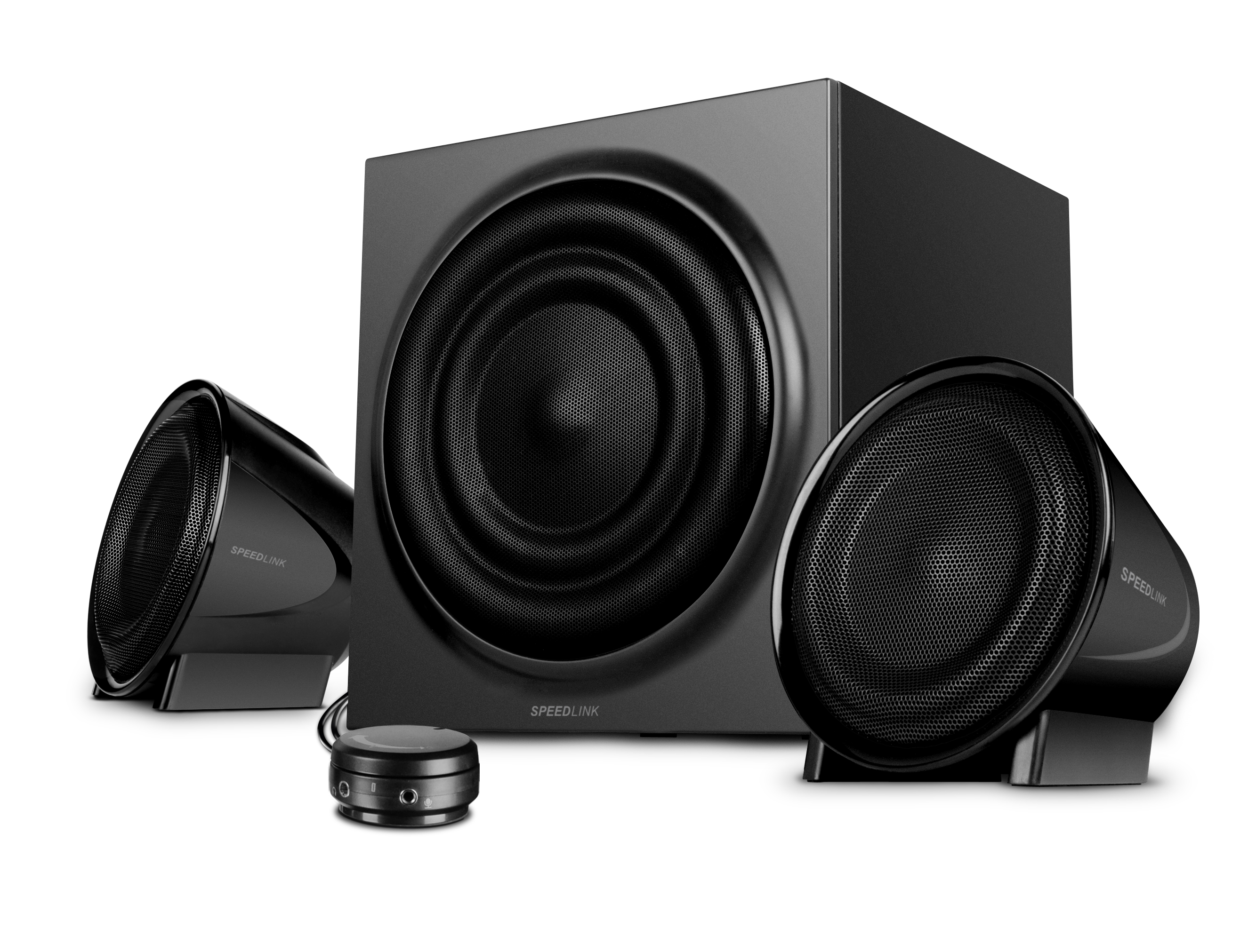 Schwarzes SPEEDLINK 2.1 Lautsprechersystem bestehend aus Subwoofer, zwei Satellitenlautsprechern und Steuereinheit für Computer