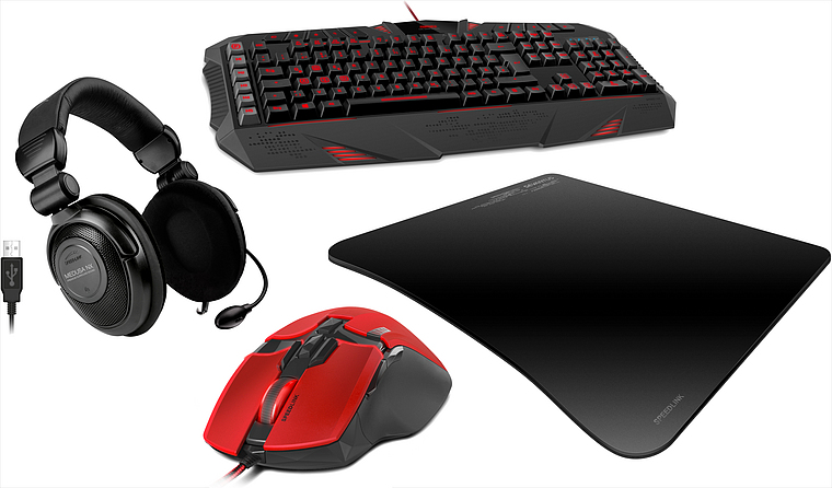 Komplettes Gaming Zubehör Set mit schwarzer Tastatur, roter Gaming-Maus, großem Mauspad und USB-Headset