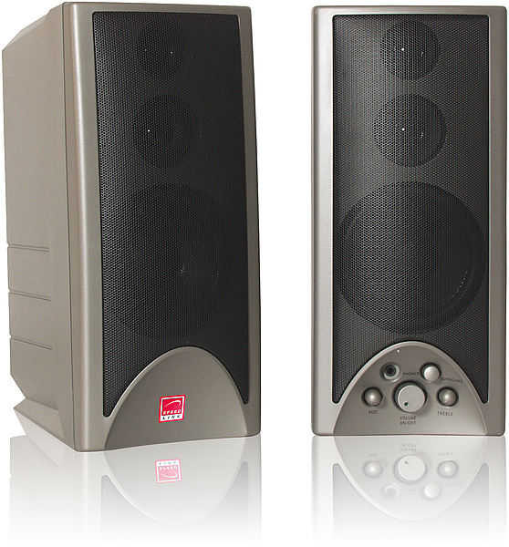 Zwei graue Lautsprecherboxen mit Frontgitter und Bedienelementen, ideal für Computer oder Musikanlagen