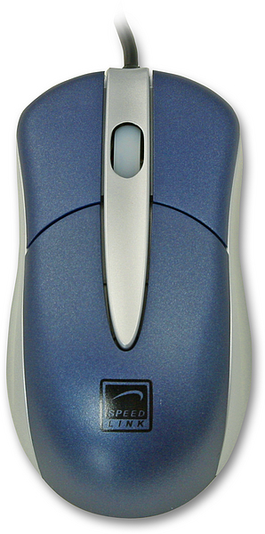 Kabelgebundene Computermaus von oben, blau-silbernes Gehäuse, ergonomische Form, Mausrad in der Mitte