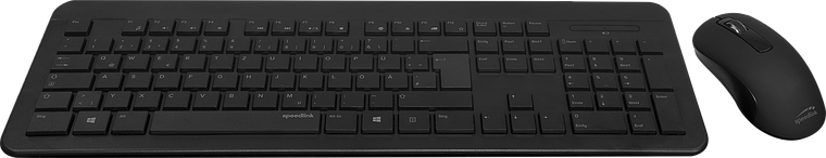 Abgebildet ist ein schwarzes, kabelloses Tastatur-Set mit passender Maus, geeignet für komfortables Arbeiten am Computer