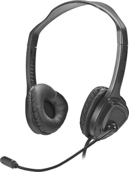 Abbildung eines schwarzen Over-Ear-Headsets mit verstellbarem Mikrofon, ideal für Computer, Telefonie oder Videokonferenzen