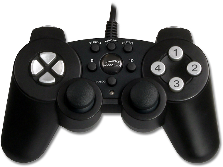 Schwarzer kabelgebundener Speedlink Gamecontroller mit Steuerkreuz, Analogsticks und mehreren Funktionstasten
