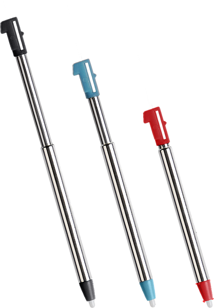 Drei Ersatzminen für Kugelschreiber in Schwarz, Blau und Rot auf weißem Hintergrund