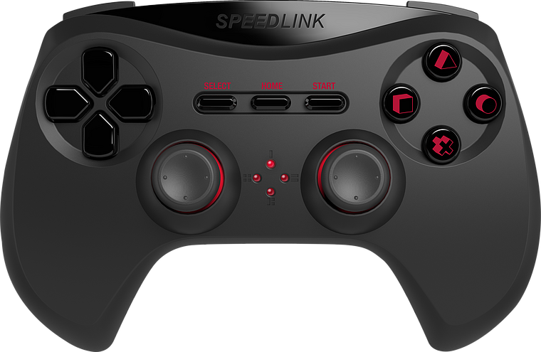 Schwarzer Speedlink Gamecontroller mit roten Elementen, zwei Analogsticks, Steuerkreuz und Funktionstasten