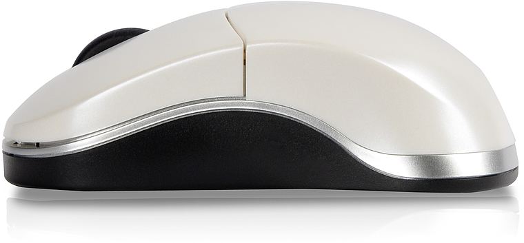 Seitliche Ansicht einer modernen, kabellosen Computermaus in Weiß mit schwarzen und silbernen Akzenten