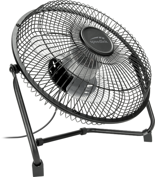 Schwarzer Tischventilator aus Metall mit Schutzgitter, geeignet für Schreibtisch oder Büro