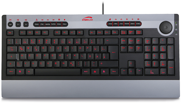 Speedlink kabelgebundene Multimedia-Tastatur, deutsches QWERTZ-Layout, Sondertasten und schwarzes Design mit silberner Oberfläche