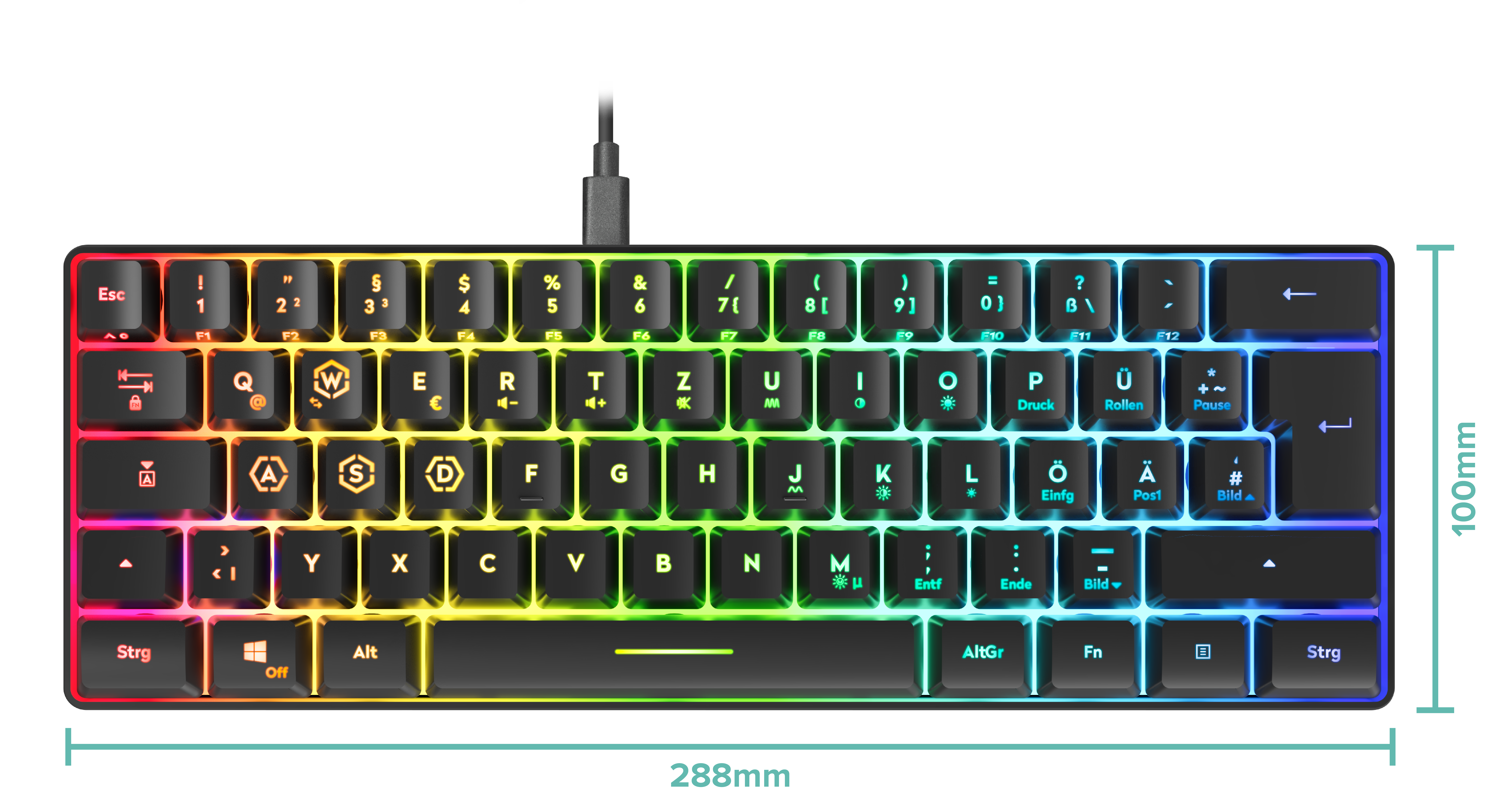 Mechanische RGB-Tastatur mit deutschem Layout und kompakten Maßen 288 mm breit und 100 mm tief