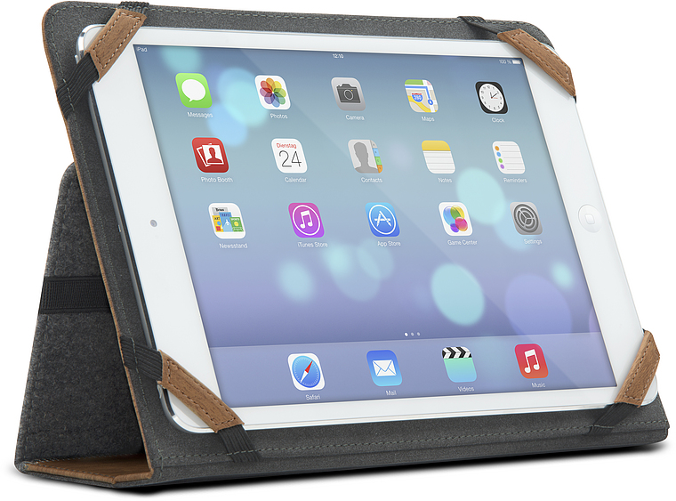 Tablet in grauer Schutzhülle mit braunen Ecken, im Aufstellwinkel, Startbildschirm sichtbar